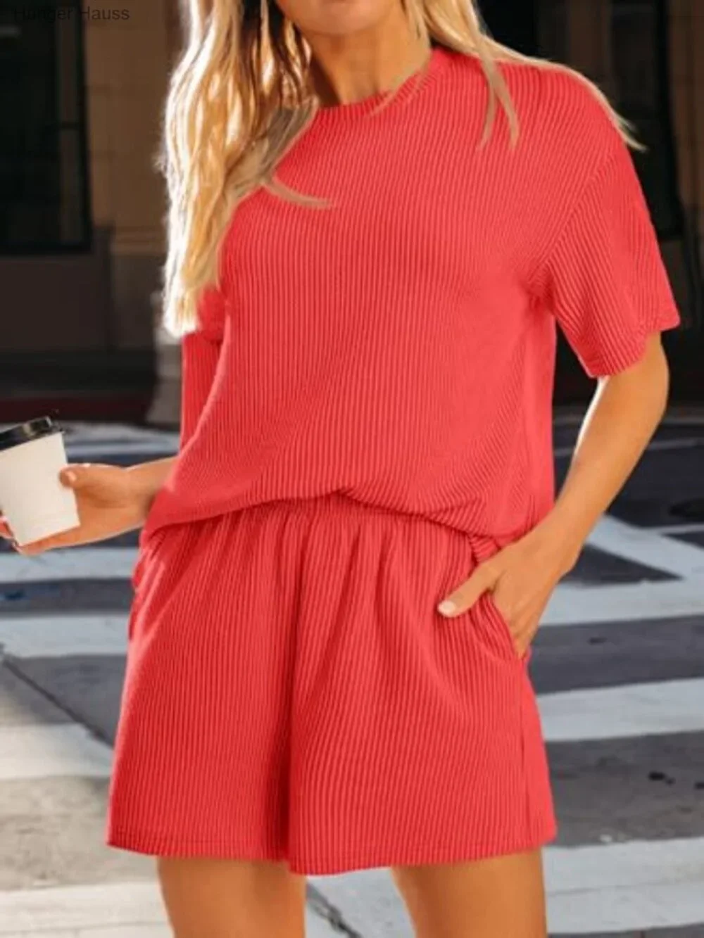 Women's Ribbed 2 Piece Short Set Lounge Travel Vacation Matching Outfit